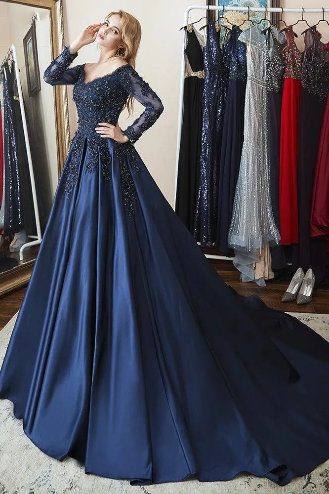 Ball Gown Long Sleeves Off Shoulder Beaded Navy Blue Prom Dress TP1069