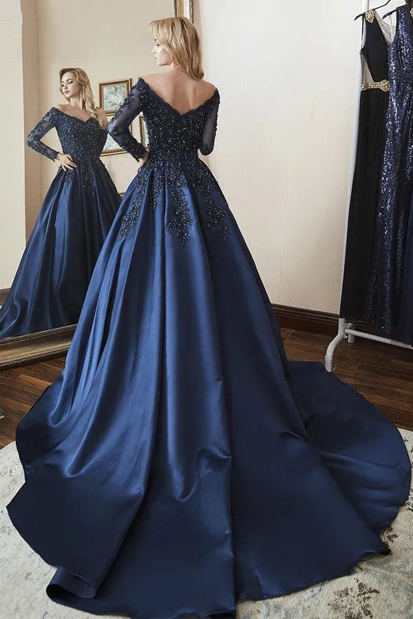 Ball Gown Long Sleeves Off Shoulder Beaded Navy Blue Prom Dress TP1069