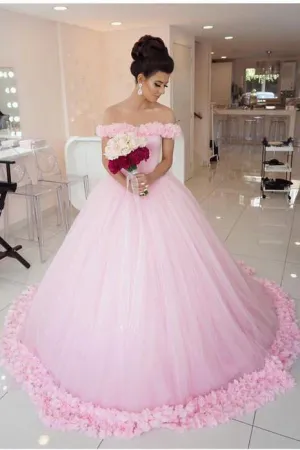 Ball Gown Off shoulder Pink Tulle Flowers Wedding Dresses,Pink Quinceanera Dresses PFW0246