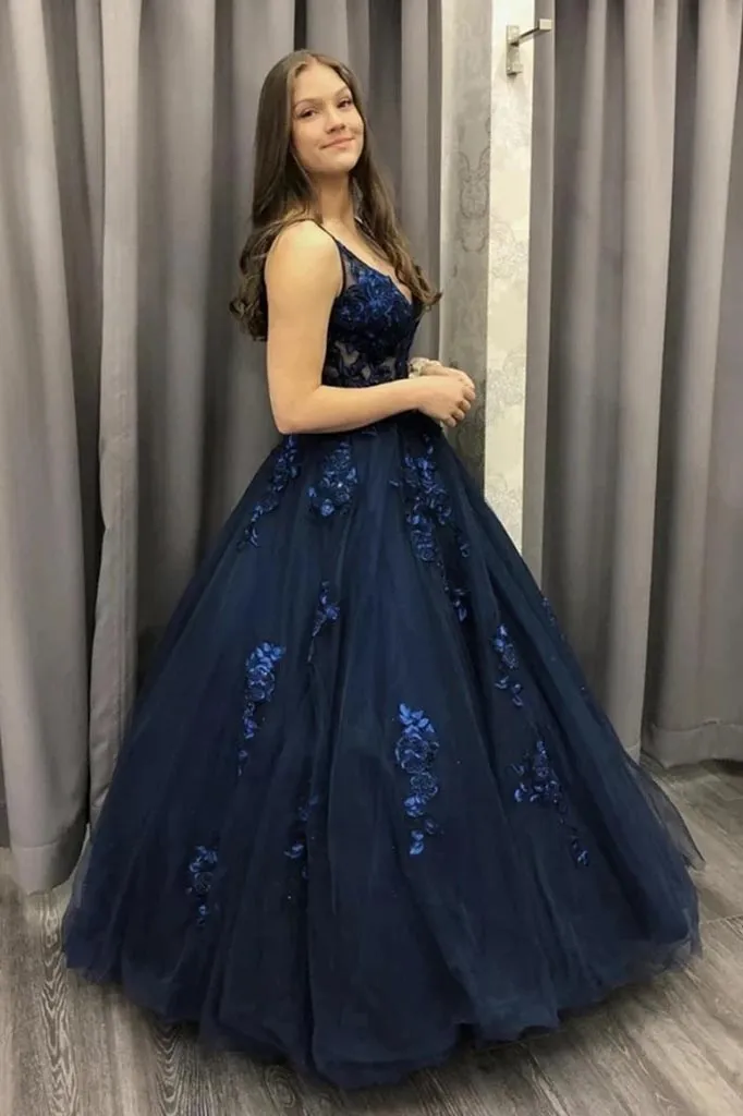 Ball Gown V Neck Dark Blue Long Prom Dress, Lace Applique Tulle Formal Dress MP1206