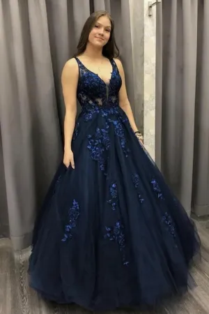 Ball Gown V Neck Dark Blue Long Prom Dress, Lace Applique Tulle Formal Dress MP1206