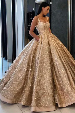 Beading Sequins Gold Ball Gown Prom Dress with Pockets,Long Quinceanera Dresses PFP0136