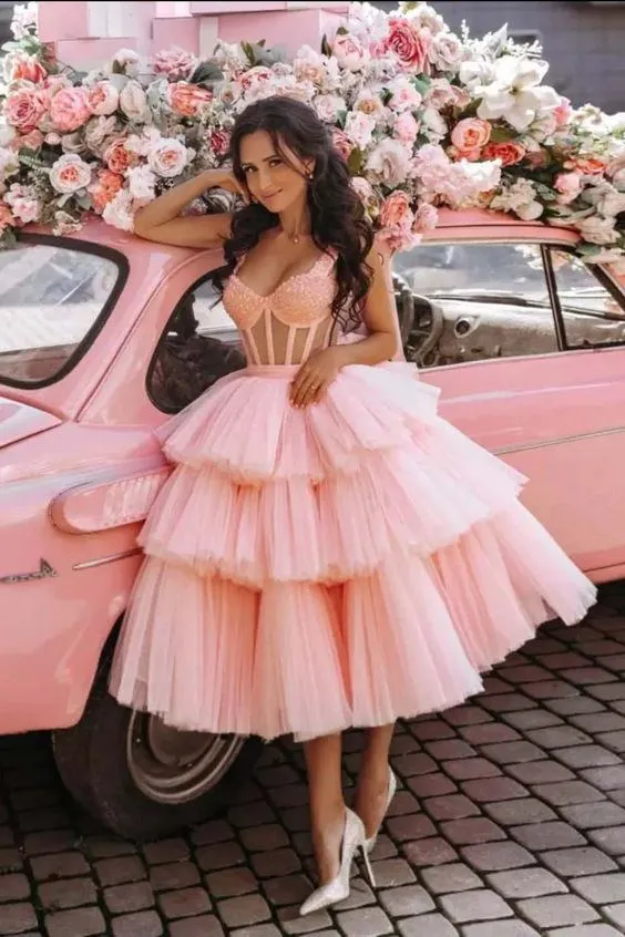 Beautiful Ball Gown Tulle Tiered Short Prom Dress, Princess Pink Sweet 16 Dress GM516