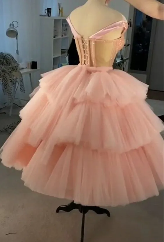 Beautiful Ball Gown Tulle Tiered Short Prom Dress, Princess Pink Sweet 16 Dress GM516