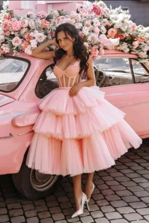Beautiful Ball Gown Tulle Tiered Short Prom Dress, Princess Pink Sweet 16 Dress GM516