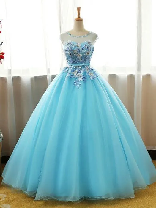 Beautiful Blue Round Long Party Dress,Ball Gown Lace Applique Sweet 16 Dress