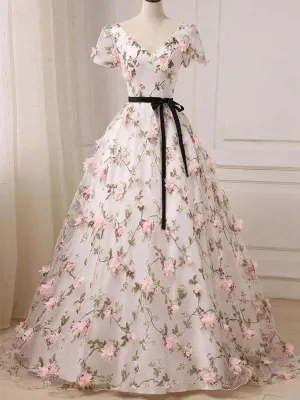 Beautiful Flowers V-neckline Short Sleeves Long Party Dress, Ball Gown Sweet 16 Dress