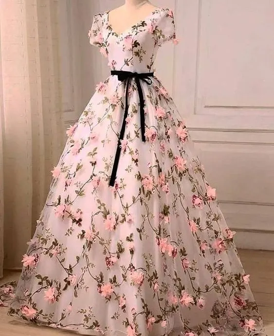 Beautiful Flowers V-neckline Short Sleeves Long Party Dress, Ball Gown Sweet 16 Dress
