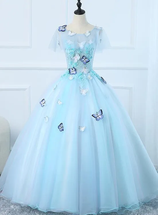 Beautiful Light Blue Tulle Long Prom Dress, Ball Gown Blue Sweet 16 Dresses