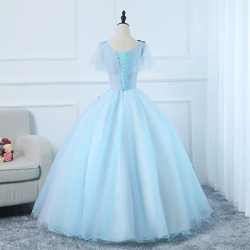 Beautiful Light Blue Tulle Long Prom Dress, Ball Gown Blue Sweet 16 Dresses