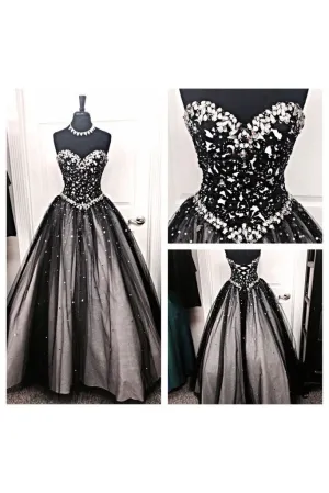 Black White Tulle Long Ball Gown Prom Dress,Sweetheart Beaded Bodice Quinceanera Dresses PFP0433