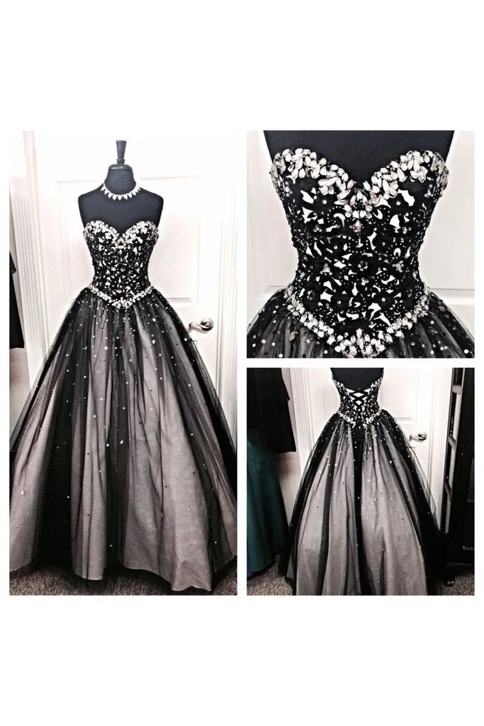 Black White Tulle Long Ball Gown Prom Dress,Sweetheart Beaded Bodice Quinceanera Dresses PFP0433