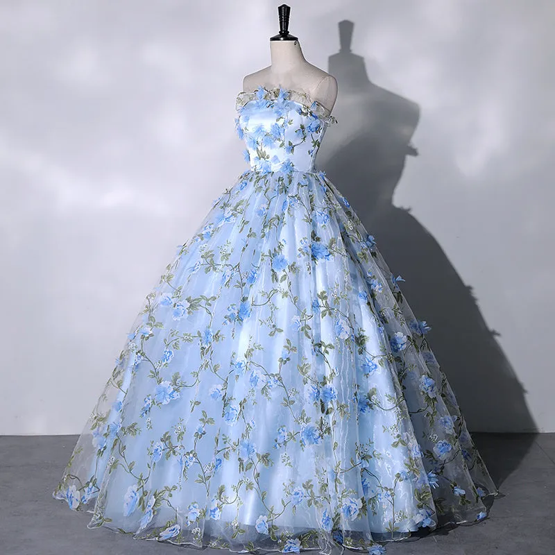 Blue Flowers Sweetheart Ball Gown Formal Dress, Blue Long Sweet 16 Dresses