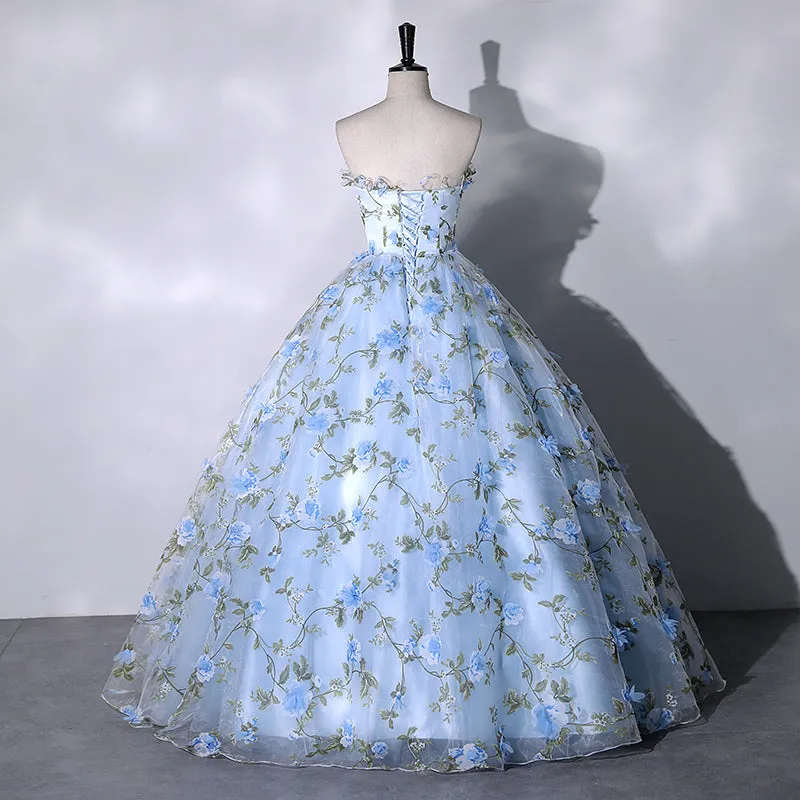 Blue Flowers Sweetheart Ball Gown Formal Dress, Blue Long Sweet 16 Dresses