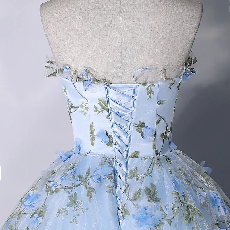 Blue Flowers Sweetheart Ball Gown Formal Dress, Blue Long Sweet 16 Dresses