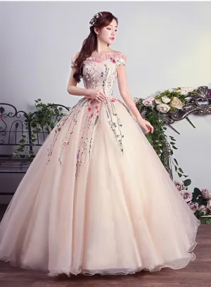 Charming Pink Off Shoulder Ball Gown Formal Dress, Lace Applique Party Dress