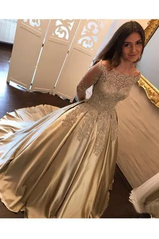 Charming Satin Ball Gown Long Sleeve Lace Appliques Prom Dress PFP0393