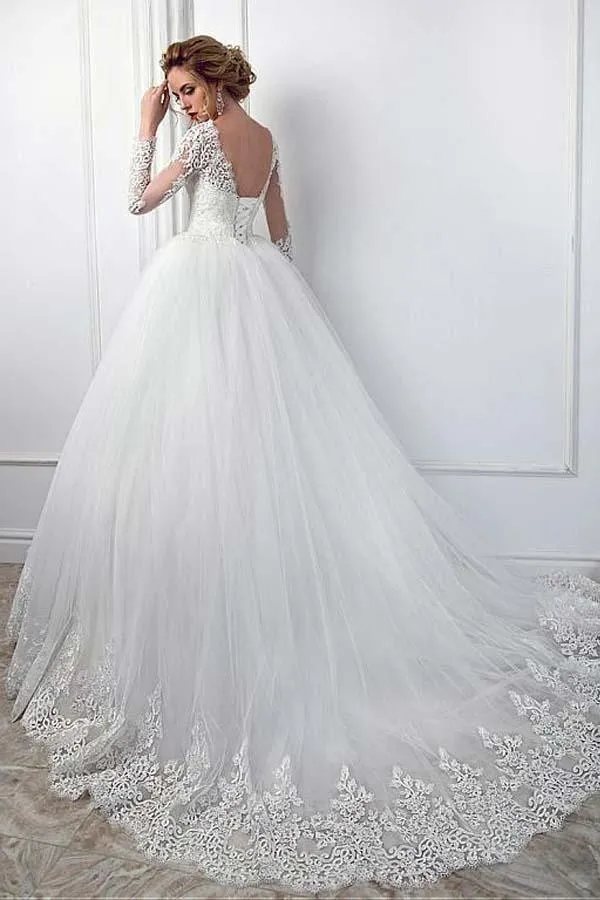 Elegant Bateau Neckline Ball Gown Wedding Dress With Lace Appliques WD201