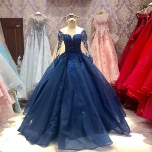 Elegant Floral Flowers Patterned Ball Gown Long Sleeve Prom Party Illusion Y4439