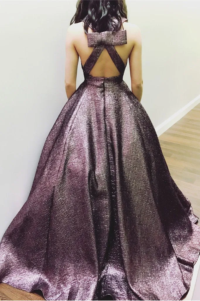 Elegant V Neck A Line Chocolate Long Prom Dress Ball Gown With Pockets PFP0326