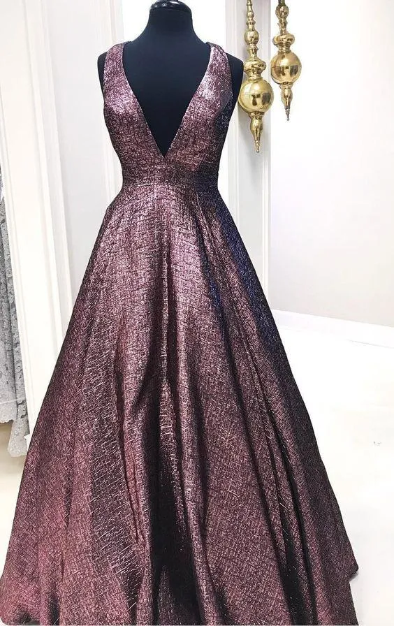 Elegant V Neck A Line Chocolate Long Prom Dress Ball Gown With Pockets PFP0326