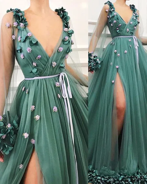 Gorgeous Green A-Line V-Neck Tulle Long Sleeve Side Slit Prom Dresses, SP471