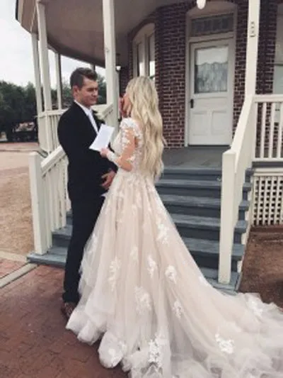 Gorgeous Long Sleeve Lace Ball Gown V-neck Wedding Dress with Train, SW228