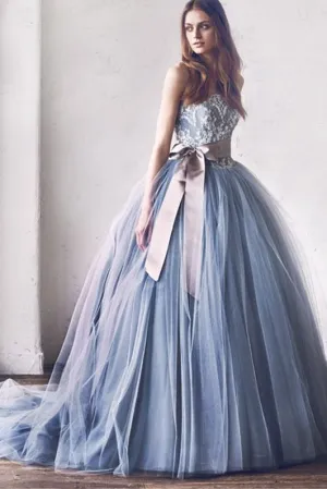Gray Lace Tulle Princess Ball Gown Wedding Dress With Bowknot PW266