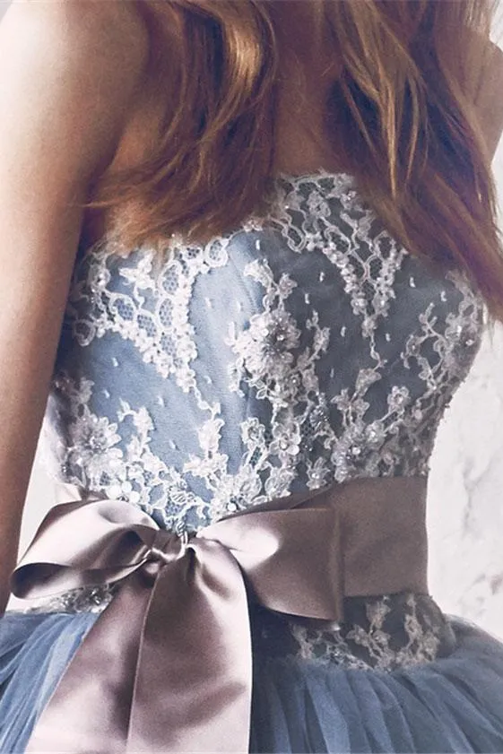 Gray Lace Tulle Princess Ball Gown Wedding Dress With Bowknot PW266