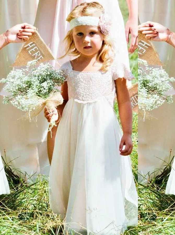 Lace Cap Sleeves Tulle Flower Girl Dress with Ribbon Bowknot PF112