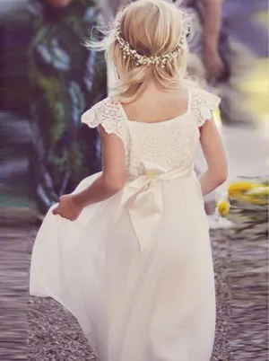 Lace Cap Sleeves Tulle Flower Girl Dress with Ribbon Bowknot PF112