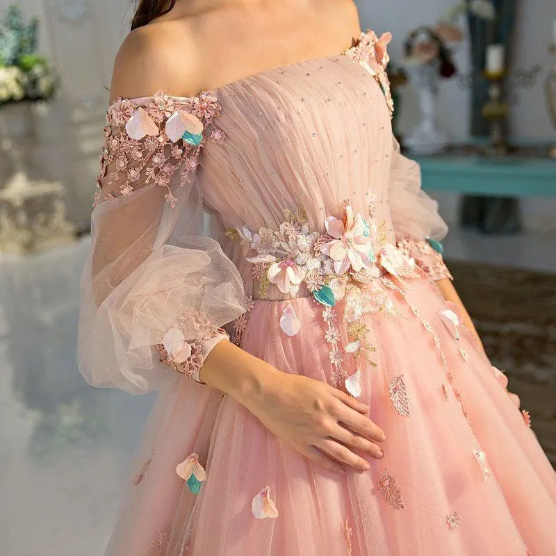 Long Sleeve Prom Dresses Pearl Pink Off The Shoulder Ball Gown Dress TP1059