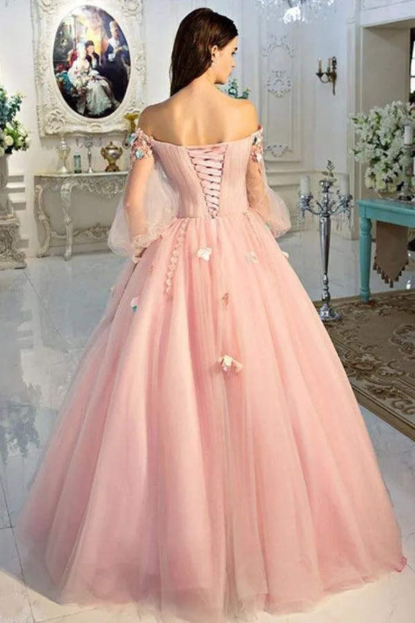 Long Sleeve Prom Dresses Pearl Pink Off The Shoulder Ball Gown Dress TP1059
