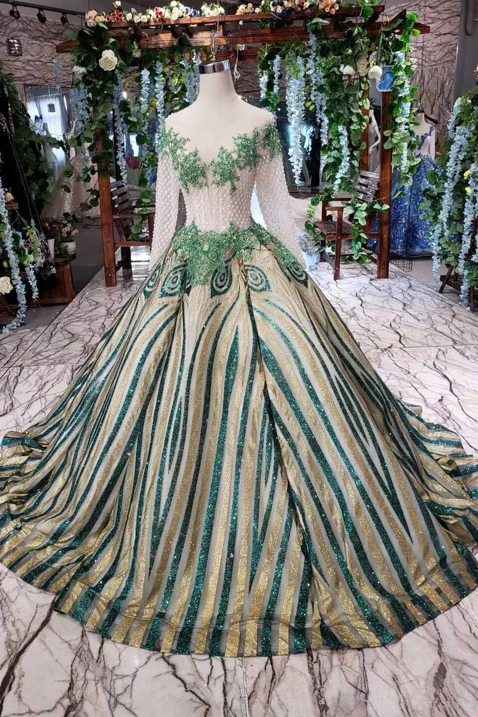 Luxurious Sequins Beaded Long Sleeves Ball Gown Quinceanera Gown MP344