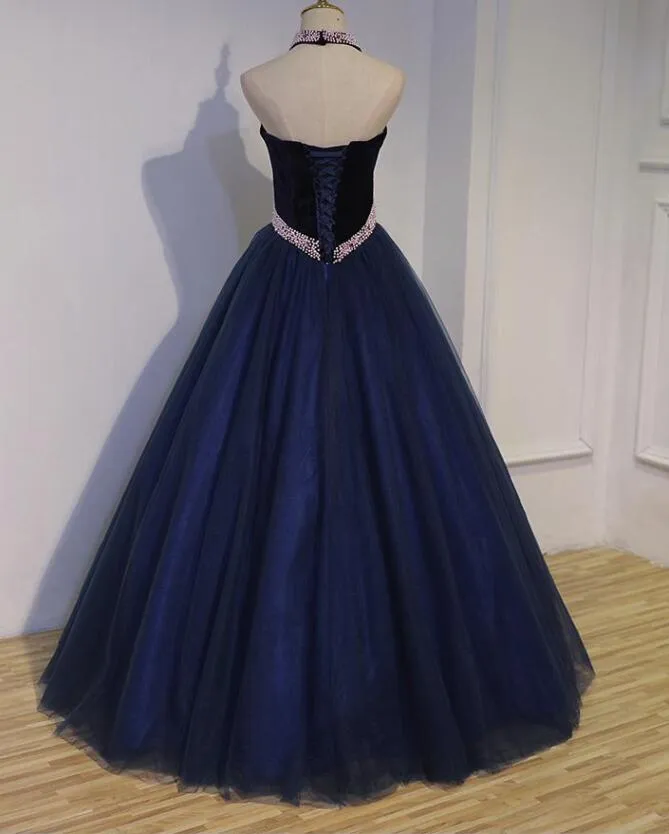 Navy Blue Tulle Beaded Gorgeous Ball Gown Evening Gowns, Sweet 16 Dresses, Formal Gown