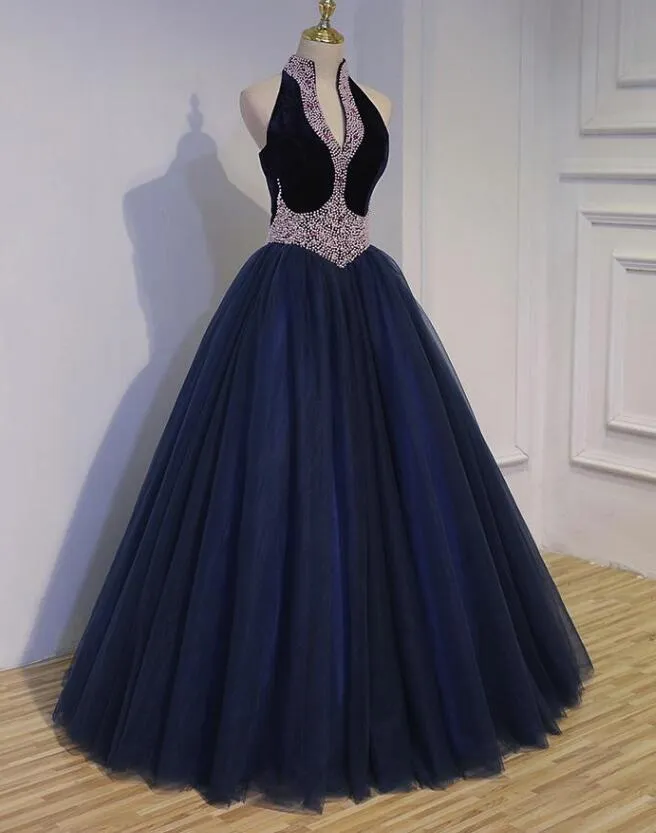 Navy Blue Tulle Beaded Gorgeous Ball Gown Evening Gowns, Sweet 16 Dresses, Formal Gown