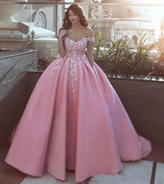 Pink Off the Shoulder Ball Gown Lace Appliques Satin Prom Dress PFP0352