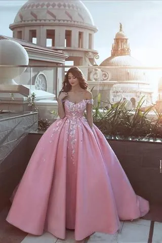 Pink Off the Shoulder Ball Gown Lace Appliques Satin Prom Dress PFP0352
