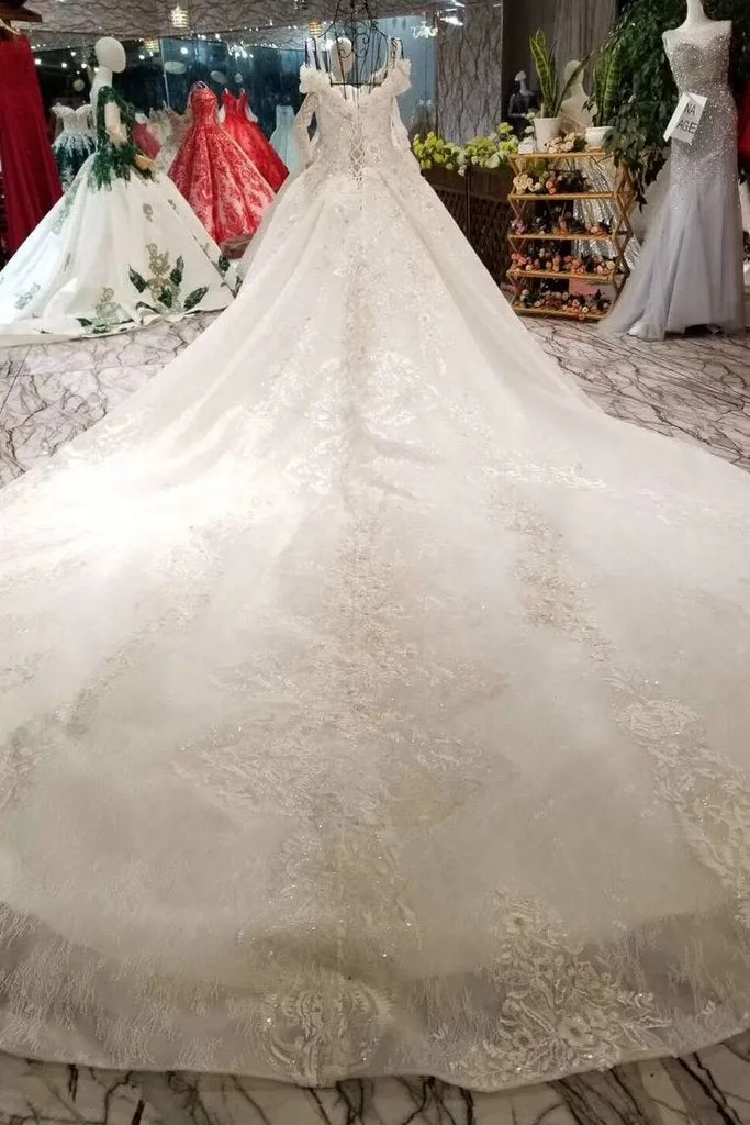 Romantic Off the Shoulder Lace Up Ball Gown Wedding Dresses PFW0048