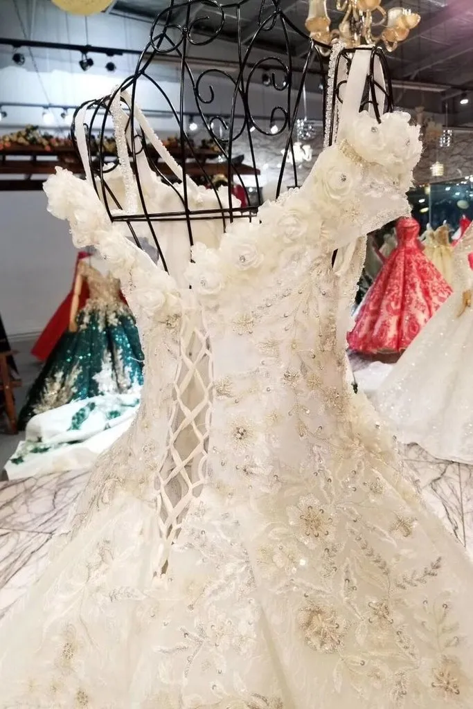 Romantic Off the Shoulder Lace Up Ball Gown Wedding Dresses PFW0048