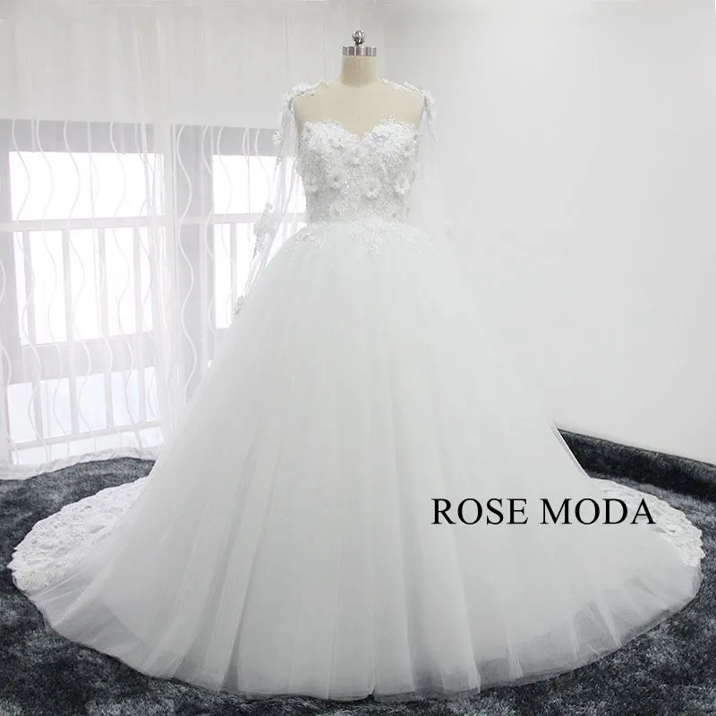 Rosemoda 3D Lace Flower Long Sleeve Ball Gown Wedding Dress