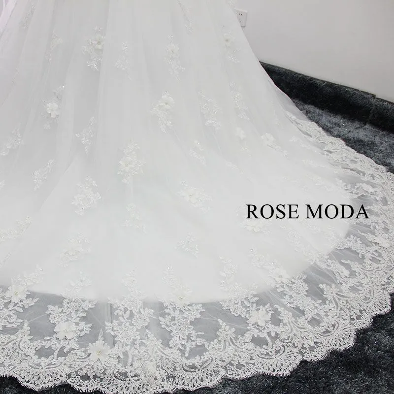 Rosemoda 3D Lace Flower Long Sleeve Ball Gown Wedding Dress