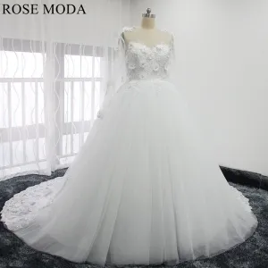 Rosemoda 3D Lace Flower Long Sleeve Ball Gown Wedding Dress