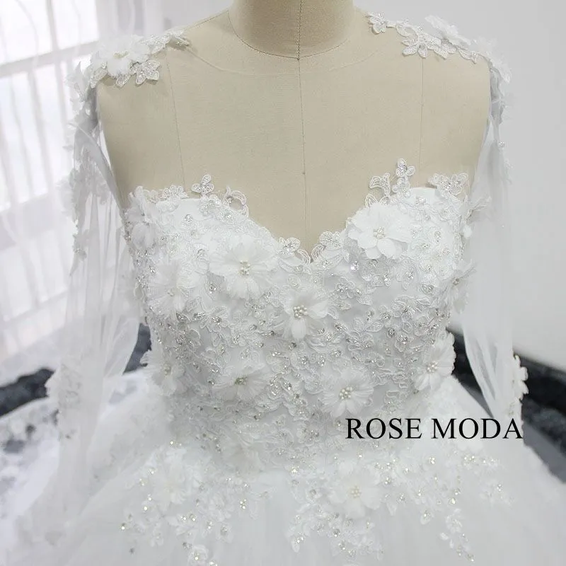 Rosemoda 3D Lace Flower Long Sleeve Ball Gown Wedding Dress