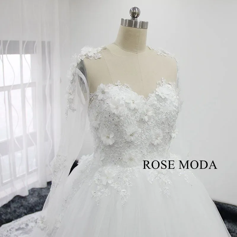 Rosemoda 3D Lace Flower Long Sleeve Ball Gown Wedding Dress