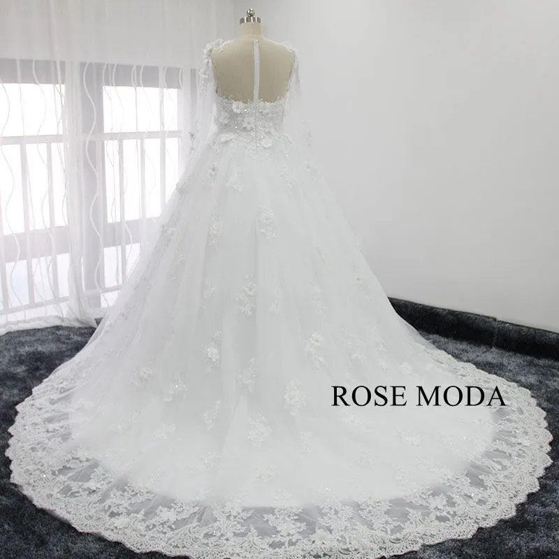 Rosemoda 3D Lace Flower Long Sleeve Ball Gown Wedding Dress