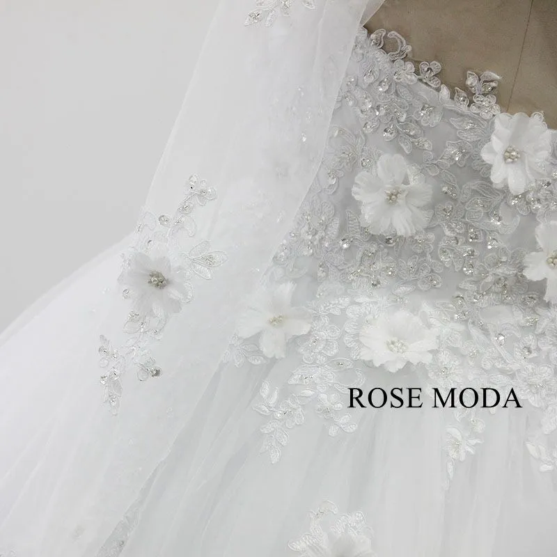 Rosemoda 3D Lace Flower Long Sleeve Ball Gown Wedding Dress