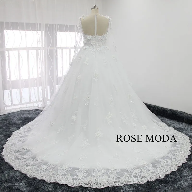 Rosemoda 3D Lace Flower Long Sleeve Ball Gown Wedding Dress