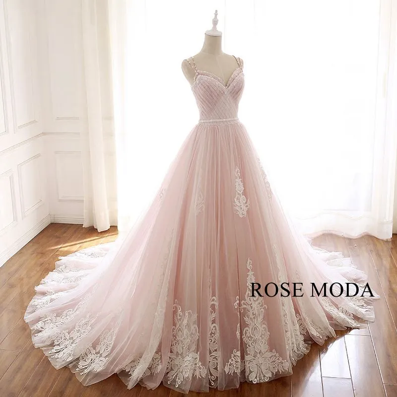 Rosemoda Beaded Spaghetti Strap Lace Ball Gown Wedding Dress