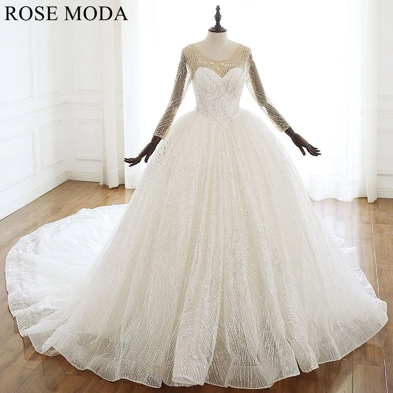 Rosemoda Glitter Lace Ball Gown Wedding Dress With Long Sleeve